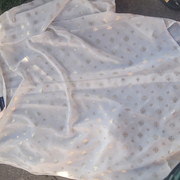Liz Claiborne career large cream gold print sheer button up shirt top blouse - Picture 2 of 5